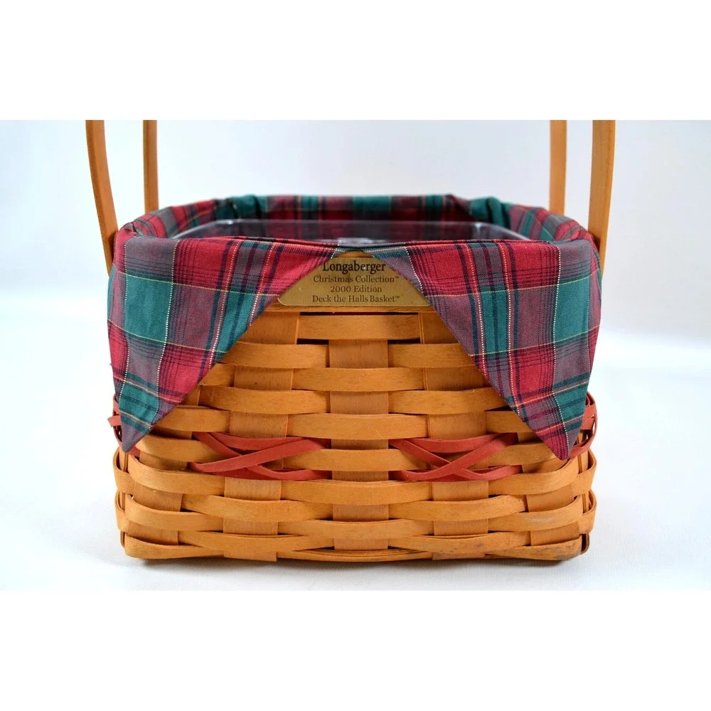 2000 Longaberger Christmas Deck The Halls Basket Plaid Liner 2 Plastic Inserts